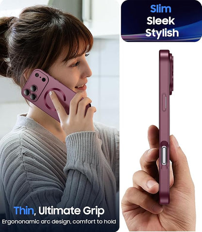Magnetic for iPhone 17 Pro Case [Compatible with MagSafe][Built-in Camera Lens Protector] Slim Thin Soft Silicone Bumper Shockproof Metallic Luster Phone Case (Burgundy)
