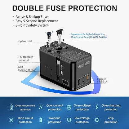 70W GaN Universal Travel Adapter - 6-in-1 International Plug Adapter Wall Charger for 200+ Countries, Built-in USB-C Cable Multi Port Fast Charging Worldwide - US/EU/UK/AUS