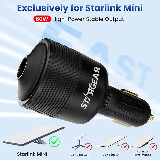 Starlink Mini Car Adapter 12V to 24V DC Step Up Converter with 60W Car Cigarette Lighter Adapter, Starlink Mini 12V Adapters Supports 16 AWG Official 30M, Ideal for RV, Boat, Trailer（Black）
