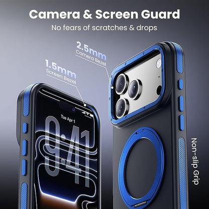 Strong Magnetic Case for iPhone 17 Pro(6.3", 2025) with Stand, Drop-Proof Bumper Cover with Contrast Color Border, Military-Grade Drop Protection, Shockproof Slim Thin Cover,Blue