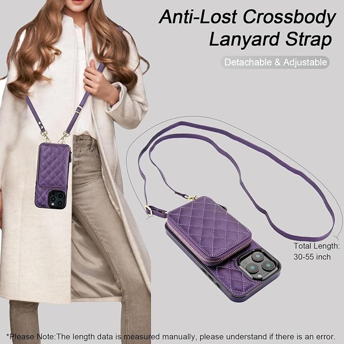 Bocasal Crossbody Wallet Case for iPhone 16 Pro Max, RFID Blocking PU Leather Zipper Handbag Purse Flip Cover, Kickstand Folio Case with Card Slots Holder Wrist Strap Lanyard 5G 6.9 Inch (Dark Purple)