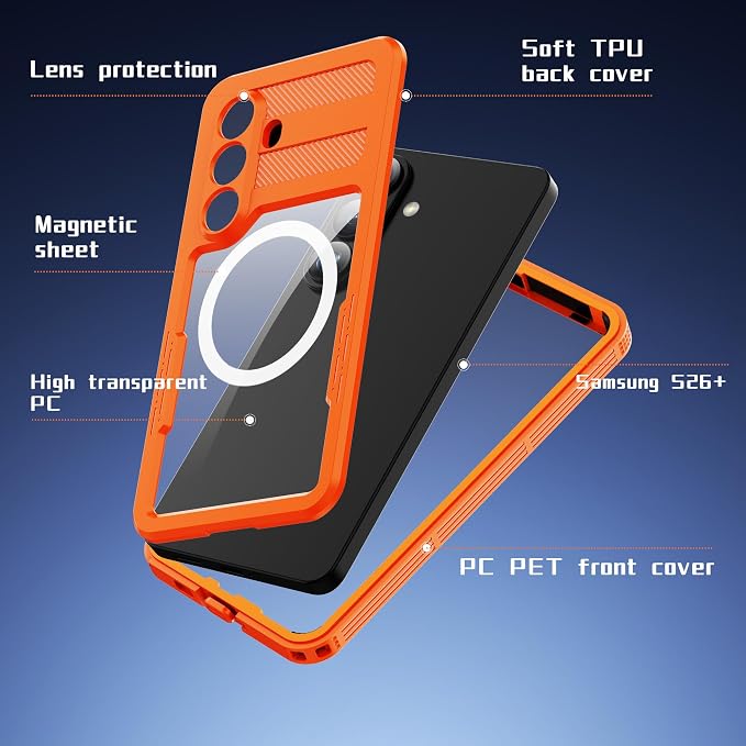 Guppy for Galaxy S26 Plus Magnetic Waterproof Case, Built-in Screen Protector [IP68 Waterproof][14FT Military Drop Proof] 360° Full Body Protection Dustproof Shockproof Heavy Duty Rugged Case, Orange