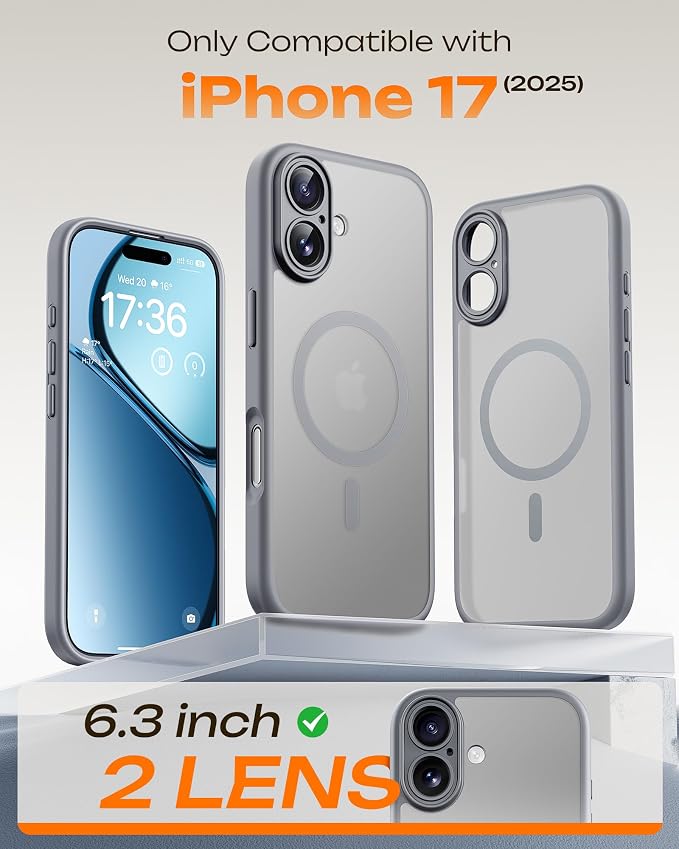 TOCOL for Phone 17 Case, Compatible with Magsafe Charger, Full Camera Protection, Drop Protection, Translucent Matte Phone Case for Phone 17 6.3 inch (Gray)