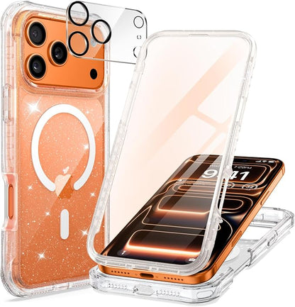 seacosmo Magnetic for iPhone 17 Pro Case for Women, Girly, Men, Full Body with Built-in Screen and Camera Lens Protector, Anti-Yellowing, Shockproof Cute 17 Pro Phone Case, 6.3", Clear Glitter