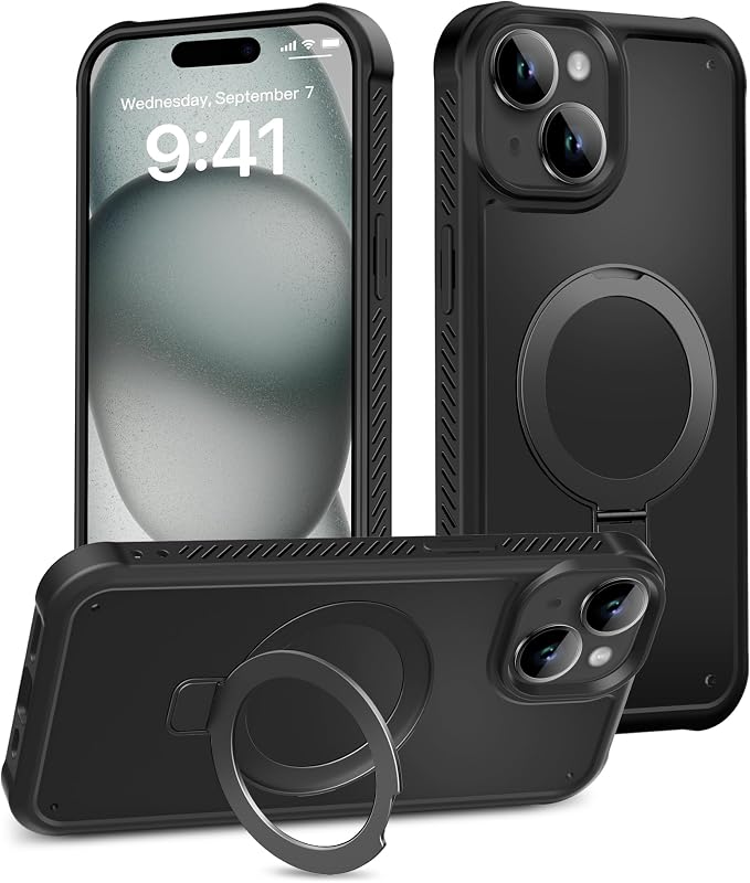 for iPhone 15 Plus Case, Built-in Magnetic & Seamless Stand, [Compatible with Magsafe] Protective Shockproof Phone Case, Scratch-Resistant Matte Back Slim Cover for 6.7 Inch - Black