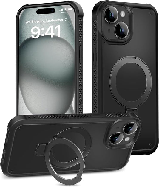 for iPhone 15 Plus Case, Built-in Magnetic & Seamless Stand, [Compatible with Magsafe] Protective Shockproof Phone Case, Scratch-Resistant Matte Back Slim Cover for 6.7 Inch - Black
