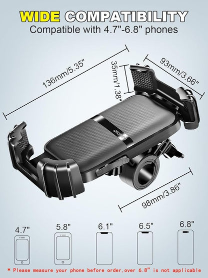 Motorcycle Phone Mount,Handlebar Phone Holder for Bike,360°Rotation,Silicone Wrapped Phone Clamp,One-Touch Quick Lock Scooter Stroller Bicycle Phone Holder,4.7- 6.8"Phones,Thick Cases Friendly