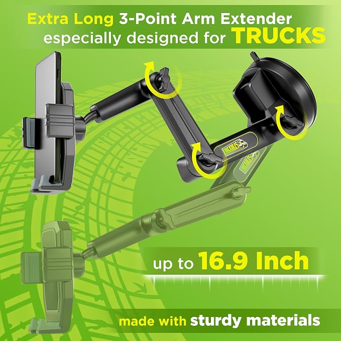 Cell Phone Mount for Truck Phone Holder for Truck Drivers - Heavy Duty Suction Cup + Dashboard Pad, iPhone Holder for Dashboard Window 16.9 inch Long, for iPhone & Samsung, Commercial Trucker, Gray