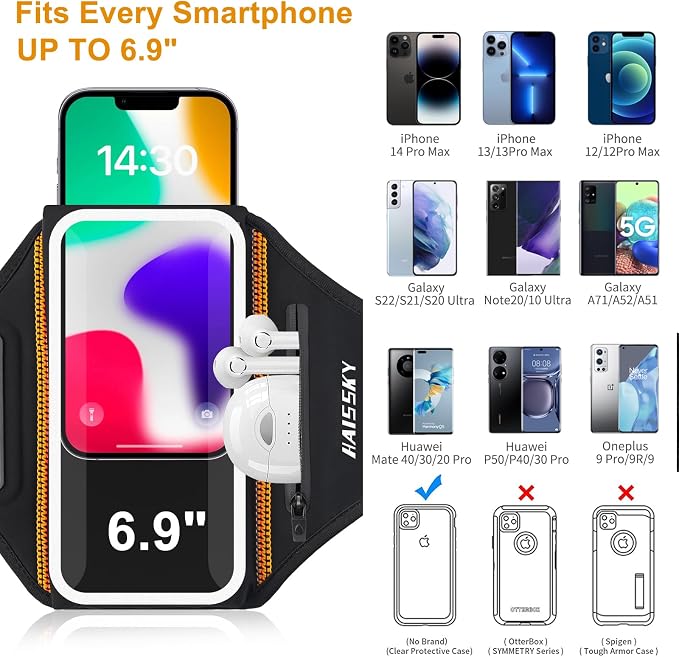 Phone Armband for Running 3D Design Cell Phone Armband with Zipper Pocket for Earbuds Car Keys, Water Resistant Sport Arm Band for iPhone 14 13 12 11 Pro Galaxy S20 S30 Fit Up to 6.9'' with Phone Case