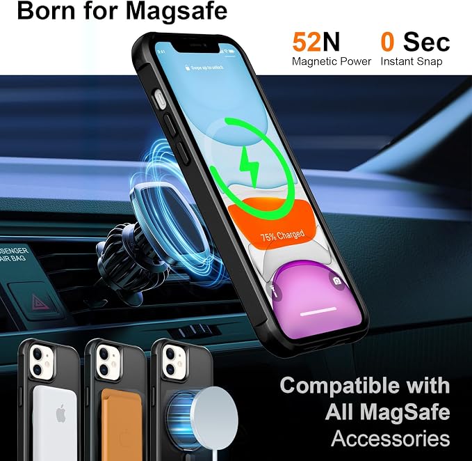 360° Magnetic Swivel Ring for iPhone 11 case, Built-in Metal Stand and Ring Holder, Magsafe Compatible, Military Grade Protection, Shock Resistant - Black