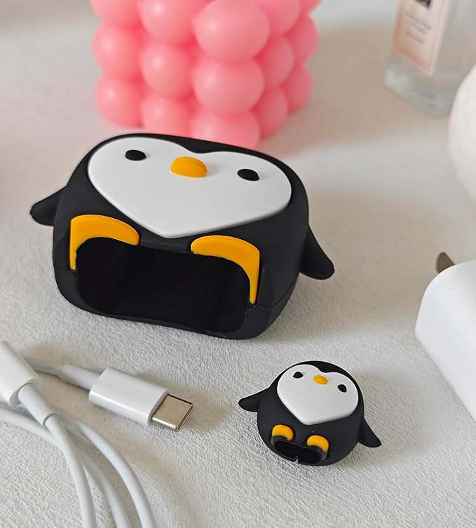 Compatible with Apple 20W/18W USB-C Adapter Charger, 3D Cartoon Protective Case for iPhone 20W USB-C Power Adapter Charger Fast Lightning Cable Cable Cover (Black Penguin)