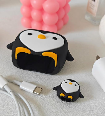 Compatible with Apple 20W/18W USB-C Adapter Charger, 3D Cartoon Protective Case for iPhone 20W USB-C Power Adapter Charger Fast Lightning Cable Cable Cover (Black Penguin)
