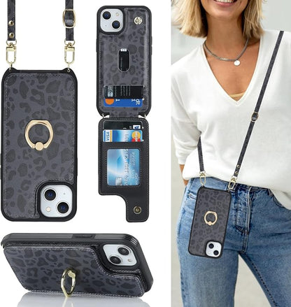 Lipvina for iPhone 14 Plus Case with Card Holder and Strap for Women,Crossbody Lanyard,RFID Blocking,Stand Ring Kickstand,Snap Clasp,Cute Phone Wallet Cases 6.7 inch - Black Leopard