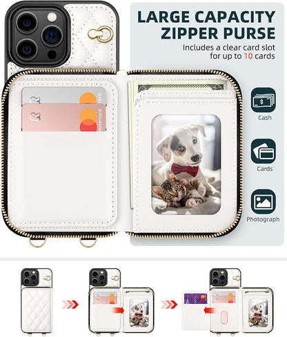 OCASE Compatible with iPhone 16 Pro Crossbody Wallet Case with Card Holder, PU Leather Zipper Handbag Phone Purse with RFID Blocking Kickstand Wrist Strap Lanyard 6.3 Inch, Diamond Check Cream