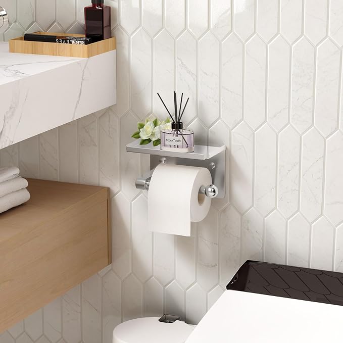 Matte Silver Toilet Paper Holder with Shelf, Wall Mount, Rustproof Stainless Steel, Fits Double Rolls, No-Drill Adhesive or Screw Mount for Bathroom, Kitchen, RV