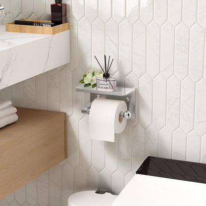 Matte Silver Toilet Paper Holder with Shelf, Wall Mount, Rustproof Stainless Steel, Fits Double Rolls, No-Drill Adhesive or Screw Mount for Bathroom, Kitchen, RV