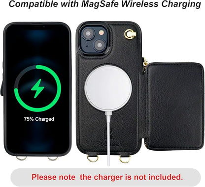 Bocasal for MagSafe Crossbody Wallet Case Compatible with iPhone 15, RFID Blocking Protective Purse Case with Card Slots Holder Kickstand Wrist Strap Lanyard Zipper 6.1 Inch 5G (Black)