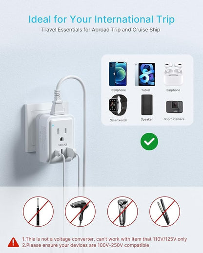 2 Pack Type E F Plug Adapter, VINTAR Germany France Travel Plug Adapter with 3 USB Ports(2 USB C) and 2 Outlets, 5 in 1 Schuko Type F Power Adapter for US to Europe EU Spain Korea Greece Iceland