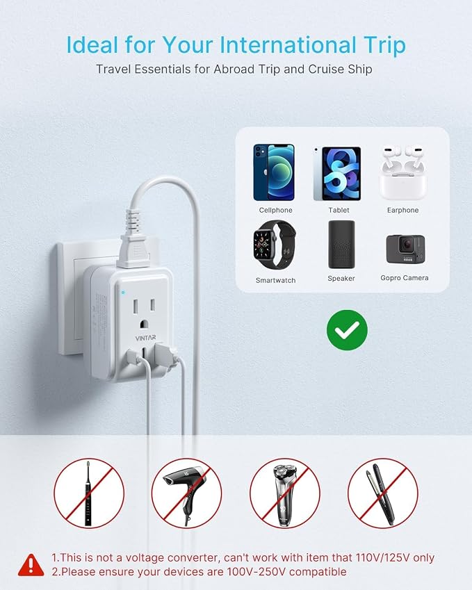 2 Pack Italy Travel Plug Adapter, VINTAR Foldable Italy Power Adapter with 3 USB Ports(2 USB C) and 2 American Outlets, 3 Prong Grounded Type L Plug Adapter for US to Italy Rome Uruguay Chile