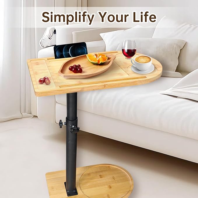 C Shaped End Table for Couch,360° Swivel Height Adjustable Couch Side Table,Thickened Base Plate,Sofa Tray with Cell Phone & Tablet Slot,C-Shaped Drink Table for Sofa/Bed/Bathtub