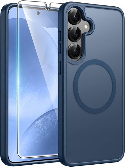 FNTCASE for Samsung Galaxy S25/S24 Case, Fit for Magsafe, Screen Protector | Translucent Matte Magnetic Back, 14FT Military Grade Drop Protection, Shockproof Protective Phone Cover, Blue
