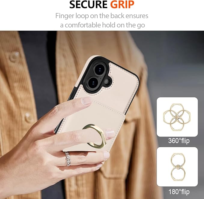 LOHASIC for iPhone 17 Case Wallet with Card Holder, 360° Rotation Ring, RFID Blocking, 5 Card Slots, PU Leather 6.3" Cover for Apple 17 Men Women, White