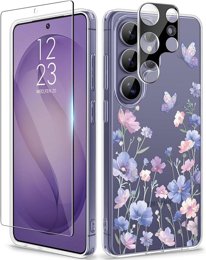 GVIEWIN for Samsung Galaxy S26 Ultra Case, Clear Floral Slim Shockproof Protective Women Phone Case, Non-Yellowing, with Screen Protector & Camera Lens Protector for S26 Ultra 6.9", Bloomwing/Blue