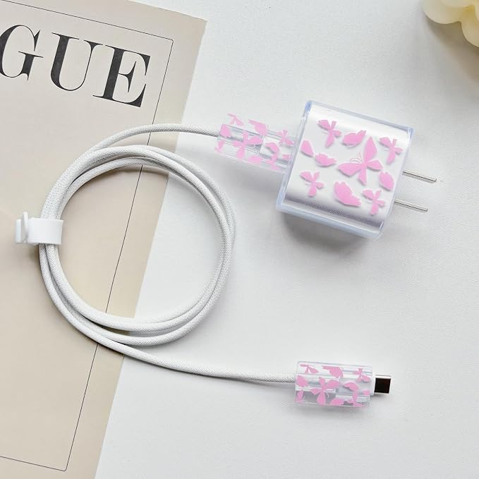 Lovmooful Compatible for iPhone 18W/20W USB-C Charger Cover Clear Lovely Butterfly Design Soft Charger Protector Cute Cable Case Saver Protector for Girls Women-Pink Butterfly