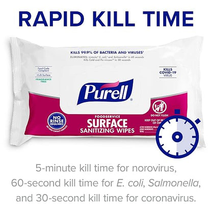 PURELL Foodservice Surface Sanitizing Wipes, 72 Count Flowpack, 7.4" x 9" Wipes (Pack of 12) – 9371-12