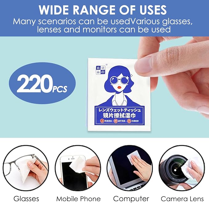 （220 PCS）Screen Cleaner, Glasses Disposable wipes, Audio & Video Lens Cleaners, Sunglasses wipes,Mobile phone screen wipes，Glasses Cleaner for Eye glasses, Camera, Phone, Tablets & Computer Screen