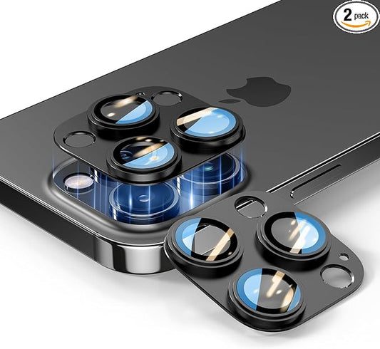 2 Pack Camera Lens Protector for iPhone 14/15/16 Pro & Pro Max Tempered Glass Camera Cover Lens Aluminum Alloy Metal, for iPhone 16 pro max Camera Lens Protector, Clear Photography, Black