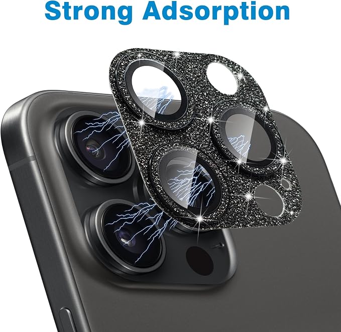 Compatible with iPhone 13 Pro and iPhone 13 Pro Max Camera Lens Protector, Bling Glitter 9H Tempered Glass Camera Cover Anti Scratch Shockproof Lens Protective Cover-Black