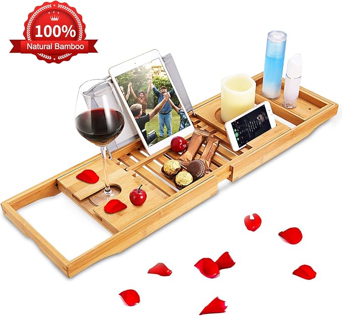 Bathtub Caddy Tray, Bamboo Bath Tray Table Extendable Reading Rack Tablet Phone Holder Wine Glass Holder Shelf Desk Bathroom Spa