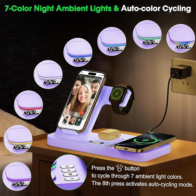Dual Phone Wireless Charging Station for Apple Devices, Magnetic Charging Station for iPhone with Auto Switch 7-Color Light&Clock, Family Watch Charger for iPhone17 for iWatch11 for AirPods Pro3(Lilac
