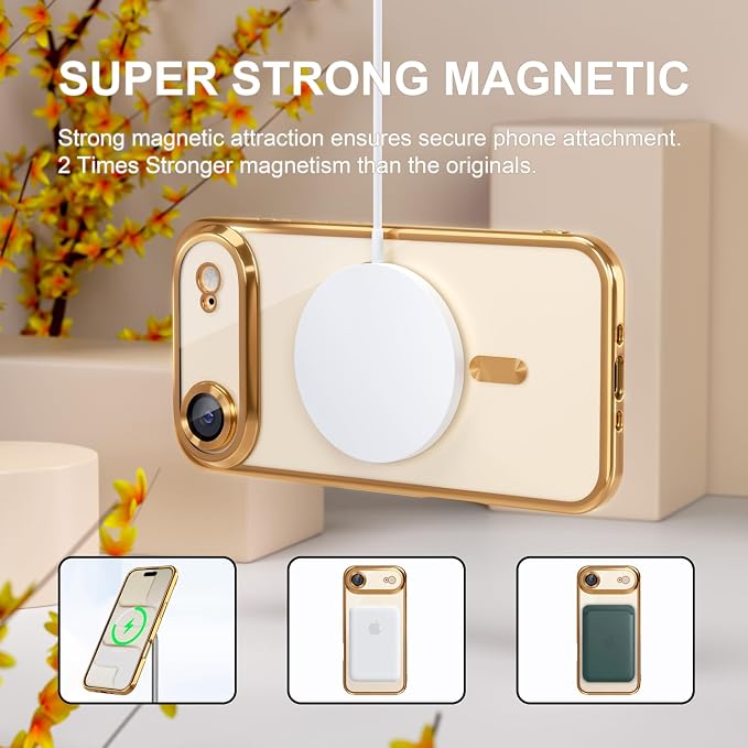 Misea Magnetic for iPhone 17 Air Case Compatible with MagSafe [Never Yellowing] [Military Grade Drop Protection] Full Camera Lens Protector Plating Soft Clear Phone Case for Women, Gold