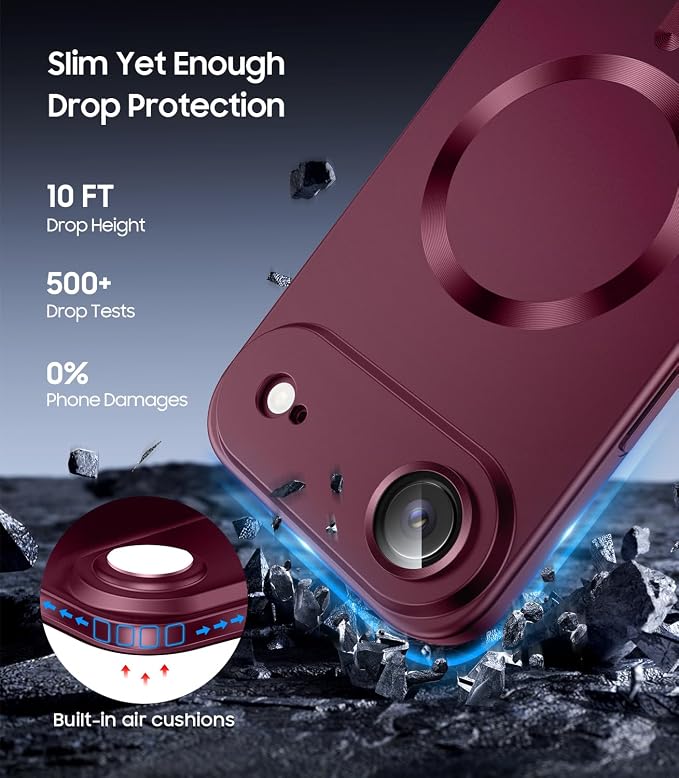 Magnetic for iPhone Air Case, Compatible with MagSafe, Built-in Camera Lens Protector, Slim Thin Soft Silicone Bumper Shockproof Metallic Luster Phone Case for iPhone 17 Air (Burgundy Red)