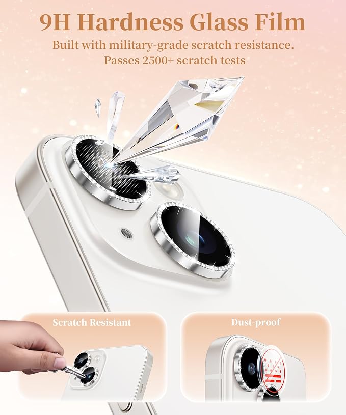 GolbinBox Camera Lens Protector for iPhone 14/14 Plus, 1:1 Invisible Fit, 9H Tempered Glass Ultra HD Metal Individual Camera Cover for Women, Case Friendly, Bling/Silver