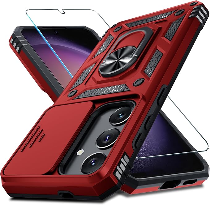 Janmitta Compatible with Samsung Galaxy S25 Plus/S24 Plus Case Built in Slide Camera Lens Cover+Screen Protector+Finger Ring Holder Kickstand,Heavy Duty Shockproof Full Body Phone Cover,Red
