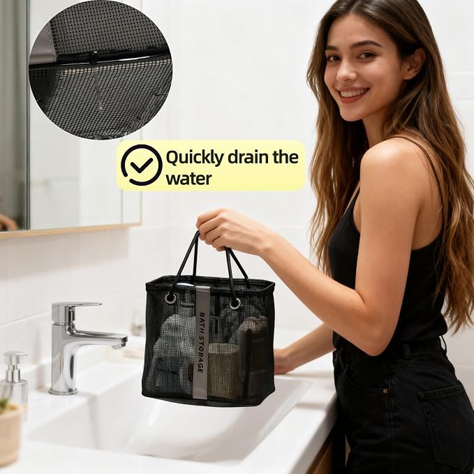 Large Shower Caddy with Wide Mouth, Foldable Mesh Organizer for Bathroom, College Dorm, Gym & Camping - Heavy Duty Cotton Handle, Quick-Dry Storage for Toiletries