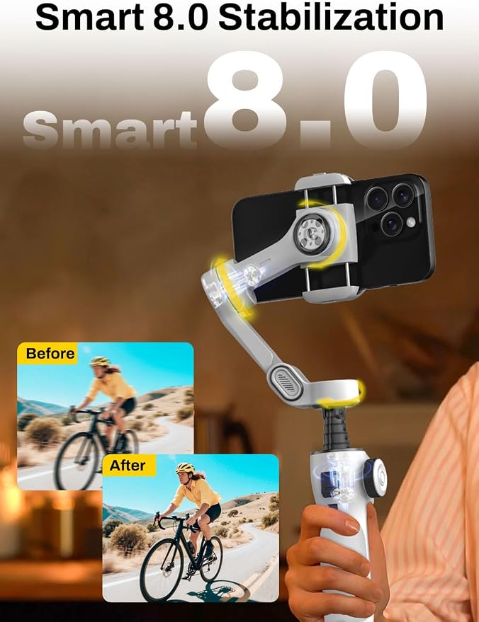 AOCHUAN Gimbal Stabilizer for iPhone & Android, 3-Axis Phone Gimbal with OLED Screen, 7.8" Extendable Rod, Face & Gesture Tracking, Ideal for Vlogging, Travel & Video Recording-Smart V8 White