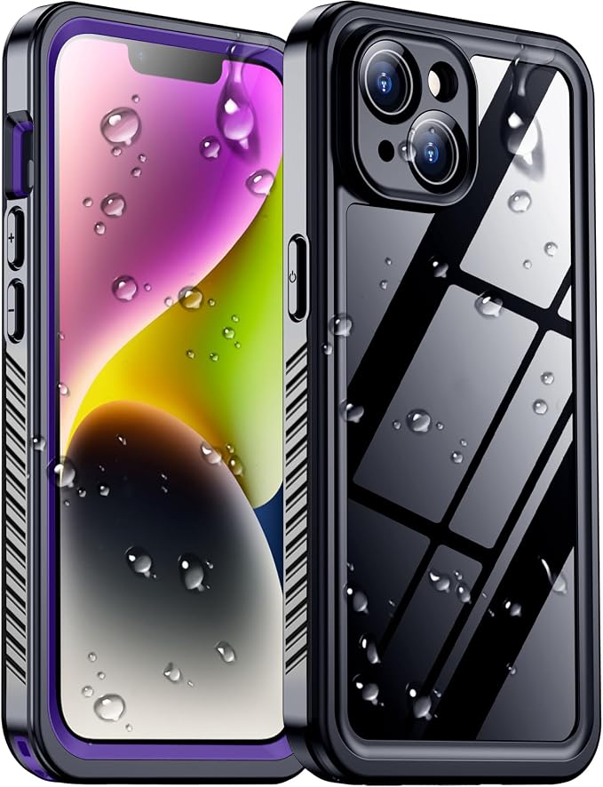 Temdan Compatible with iPhone 14 Case Waterproof, Built-in Screen & Camera Protector IP68 Underwater Full Body 14FT Military Dropproof Shockproof Phone Case 6.1"-Purple/Clear