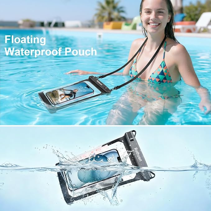 Large Waterproof Phone Pouch, 2Pack Floating Waterproof Bag for iPhone 17 16 15 Pro Max Galaxy S26 S25 S24 Ultra All Phones, Cell Phone Dry Bag for Beach Swimming Rafting Boating (Black + Black)