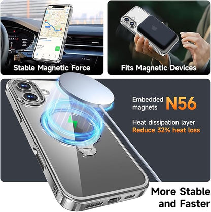 [Tri-Shield Protection] for iPhone 16 Plus Case with 360° Spin Stand Compatible with MagSafe [Magnetic CD Ring][Screen & Camera Lens Protector]Shockproof Plating Never-Yellowing, Natural Titanium-6.7"