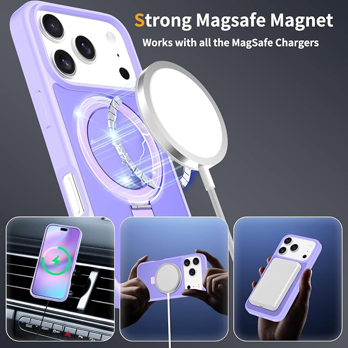 Ultra-Magnetic Stand for iPhone 17 Pro Case [Military Drop Protection] [Compatible with MagSafe] Shockproof Translucent Matte Slim Ring Holder Case for iPhone 17 Pro (Lavender Purple)