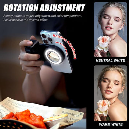 Magnetic Selfie Ring Light, Snap Grip with Detachable Bluetooth Remote Control for iPhone, Rechargeable LED Fill Light, Smartphone Camera Handle, Photo Shooting Acccessories Compatible with Magsafe