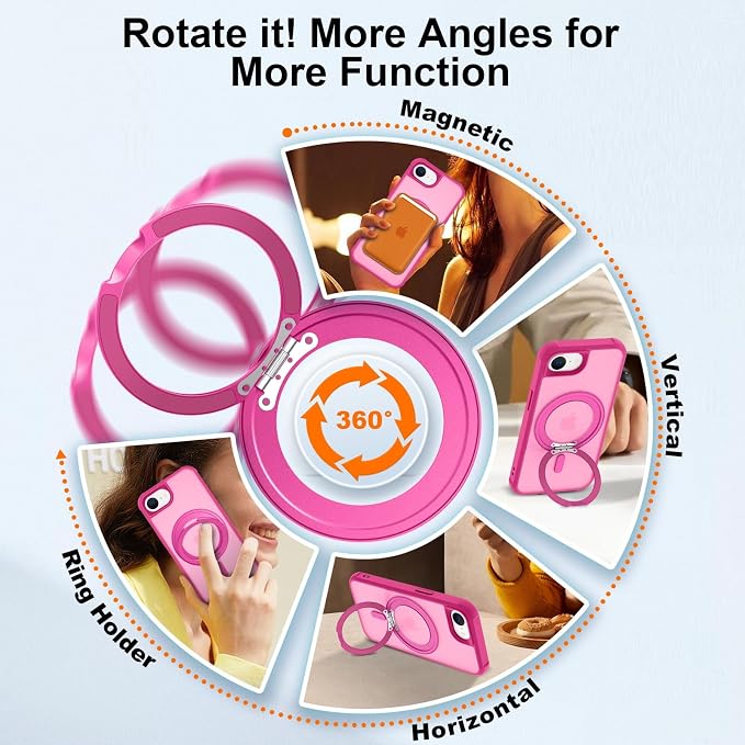 360° Magnetic Swivel Ring for iPhone 16E & 17E Case, Built-in Metal Stand and Ring Holder, Magsafe Compatible, Military Grade Protection, Shock and Vibration Resistant - Rose Pink
