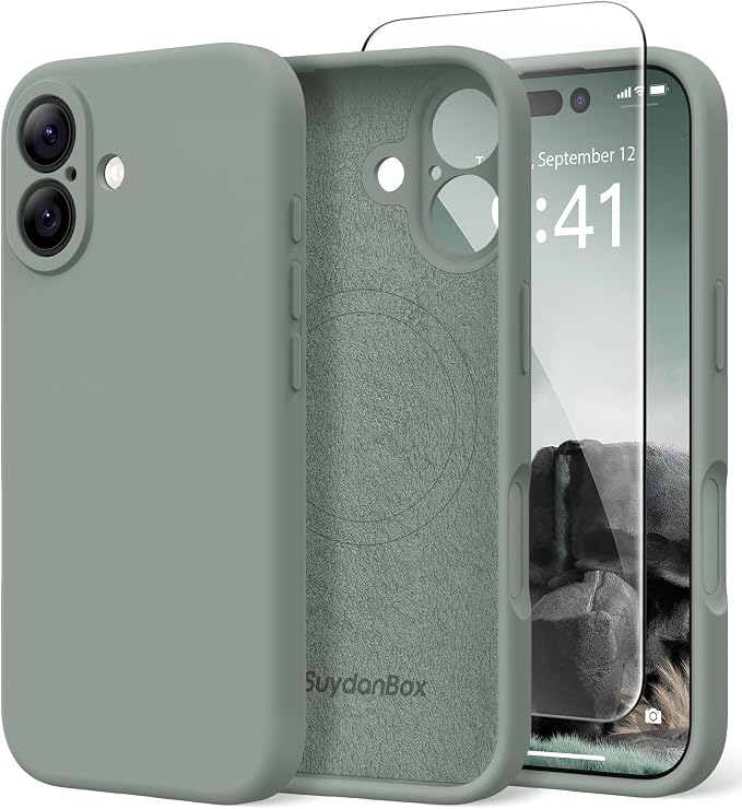 Magnetic for iPhone 16 Case, Compatible with MagSafe, [Screen Protector + Full Camera Protection], Silicone Shockproof Anti-Scratch Protective Phone Case for iPhone 16 6.1", Calke Green