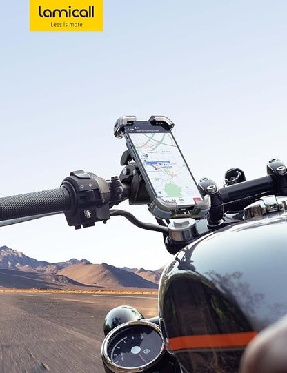 Lamicall Motorcycle Phone Mount, Bike Phone Holder - Upgrade Quick Install Handlebar Clip for Bicycle Scooter, Cell Phone Clamp for iPhone 17 16 15 Pro Max, Galaxy, 4.7-6.8" Phones, Transparent Gray