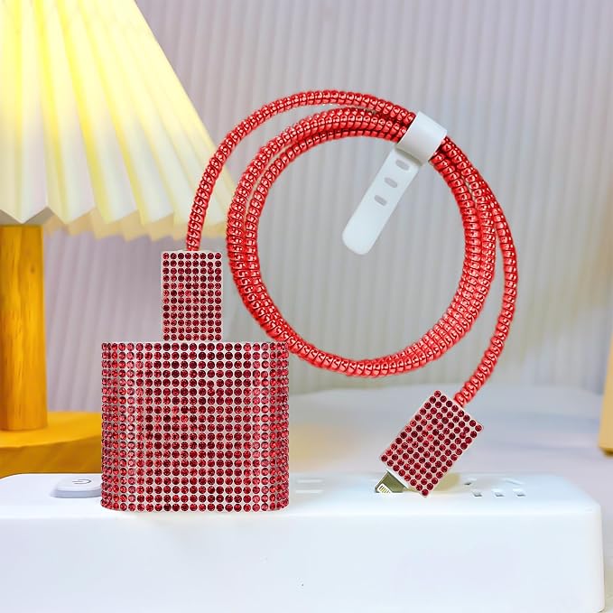 Luxury Phone Charger Case Storage Sets Wire Saver Cable Protector with Travel Storage Bag, Soft Sparkle Cable Charger Protector Cord Organizer for iPhone (Glitter Red)