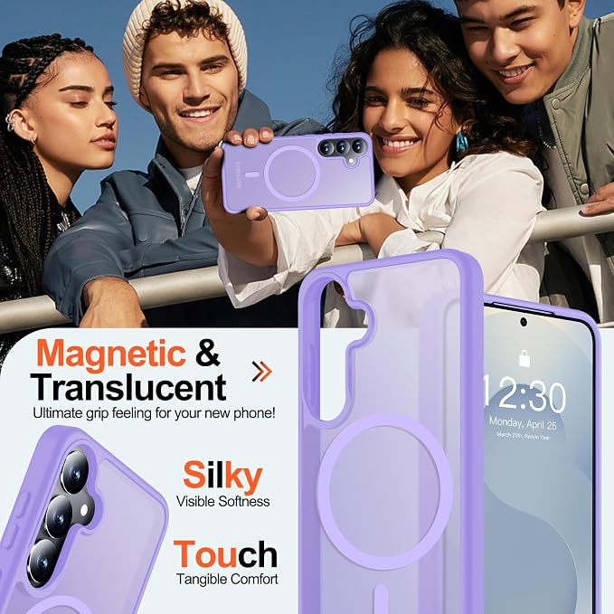 MOZOTER for Samsung Galaxy S25 Case with Magnetic,[Compatible with MagSafe][15Ft Military Dropproof][2*Screen Protector] Translucent Matte Anti-Slip Back Slim Shockproof Case for S25,(Purple)